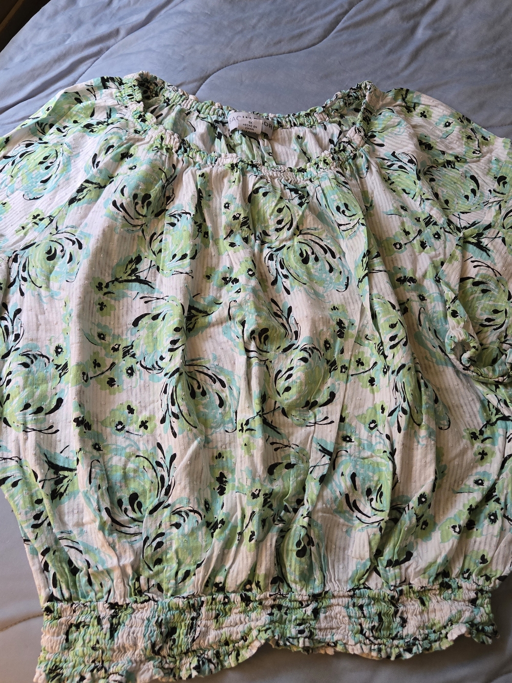 Women’s Off-Shoulder Floral Blouse in White and Green
